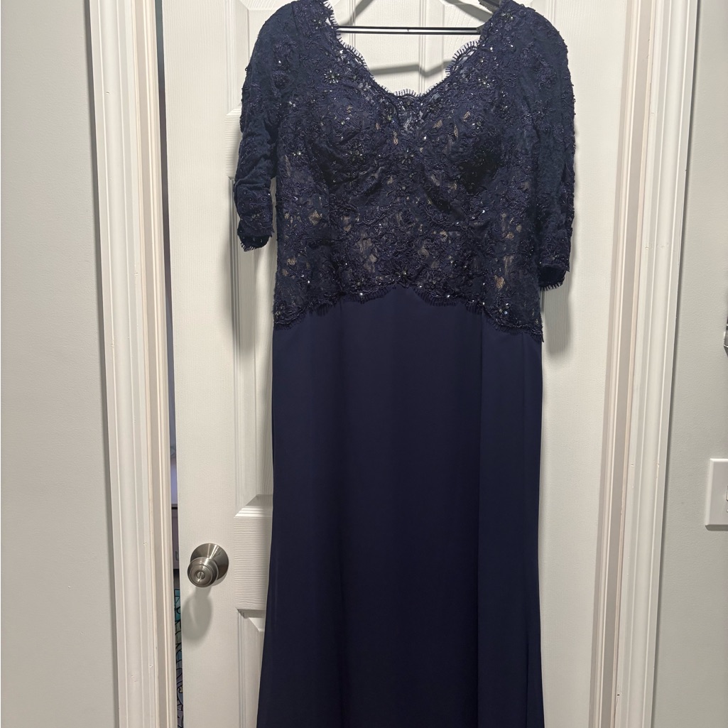 Montage By Mon Cheri Navy Beaded Lace Evening Gown